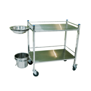 This utility trolley features a stainless steel tubular frame mounted on four 125 mm heavy-duty moulded PU castors, with two of them having brakes for stability.