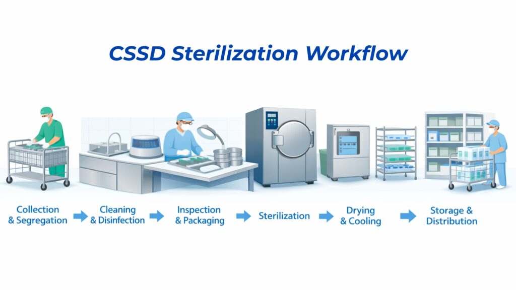 Complete CSSD sterilization workflow showing cleaning, inspection, packaging, autoclaving, storage, and sterile distribution process in hospital. 