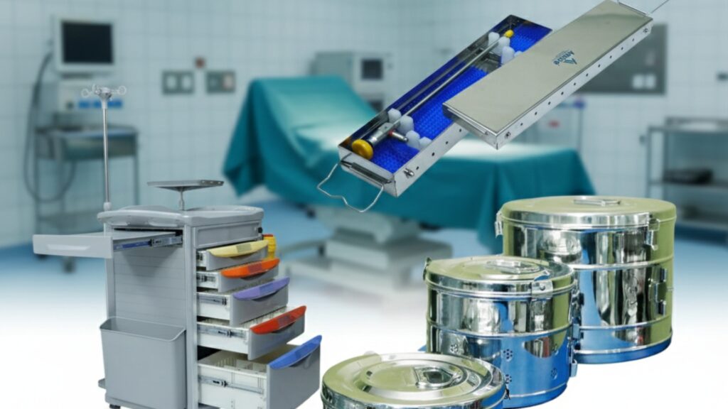 Essential Hospital CSSD Equipment including sterilization boxes, drums, and carts used in the sterile processing department. 