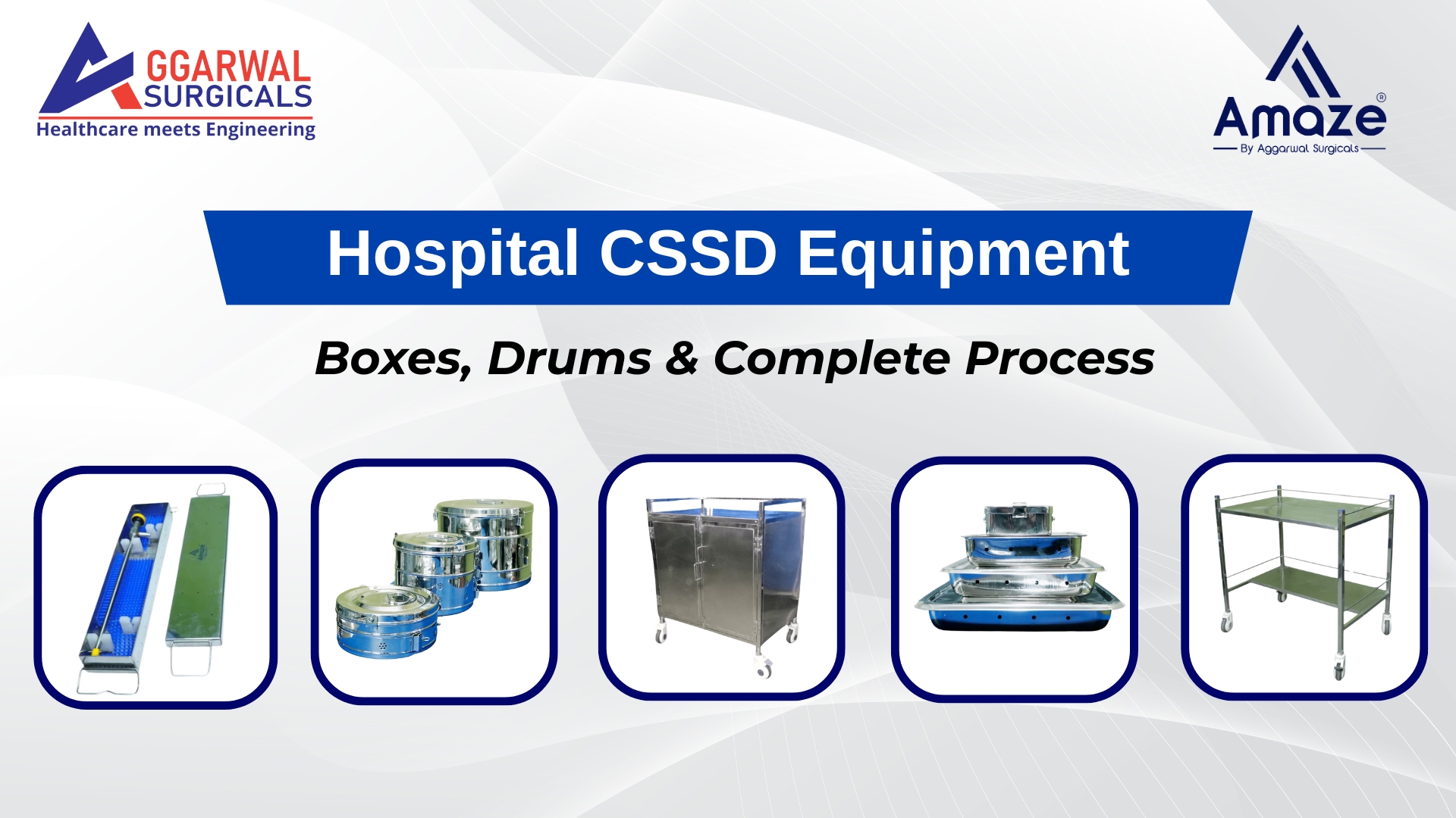 Hospital CSSD equipment including sterilization boxes, drums, and complete instrument processing workflow in sterile department.