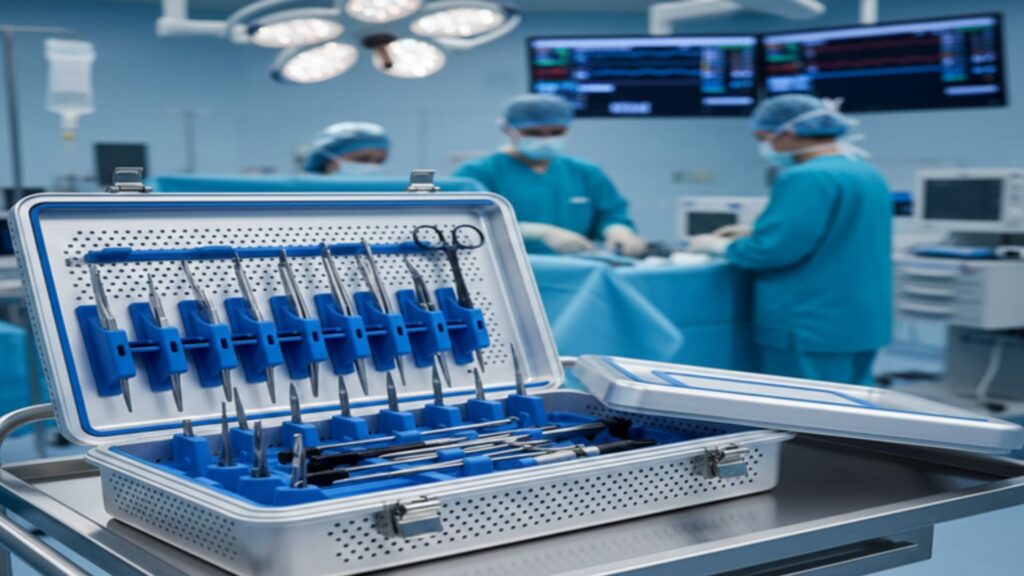 Sterilization boxes in practical use within surgical environments for safe instrument handling and sterilization 