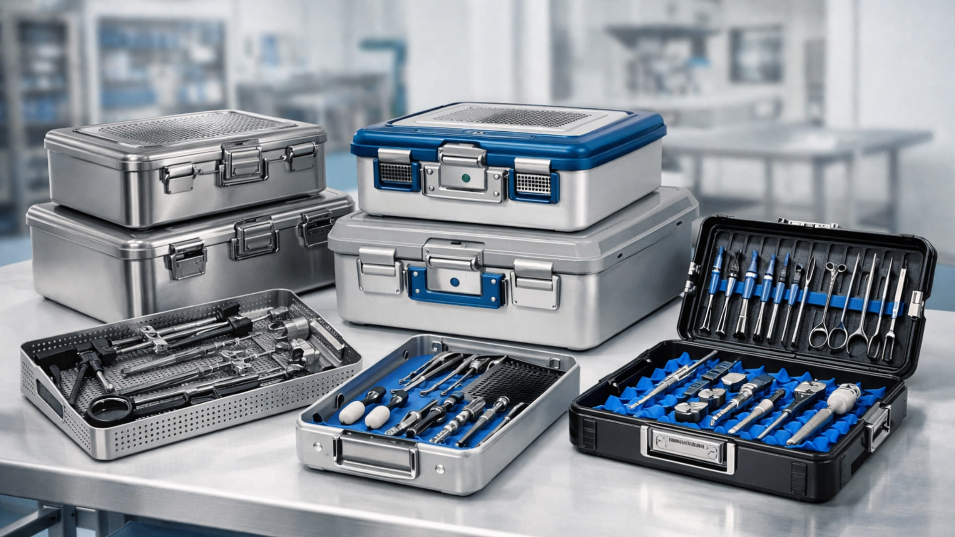 Different types of sterilization boxes used in hospitals for surgical instrument sterilization and safe storage 